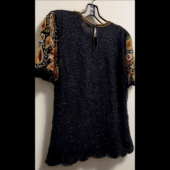 BEJEWELLED-80s Black and gold paisley rhinestone, bead and sequin top - Picture 5 of 6